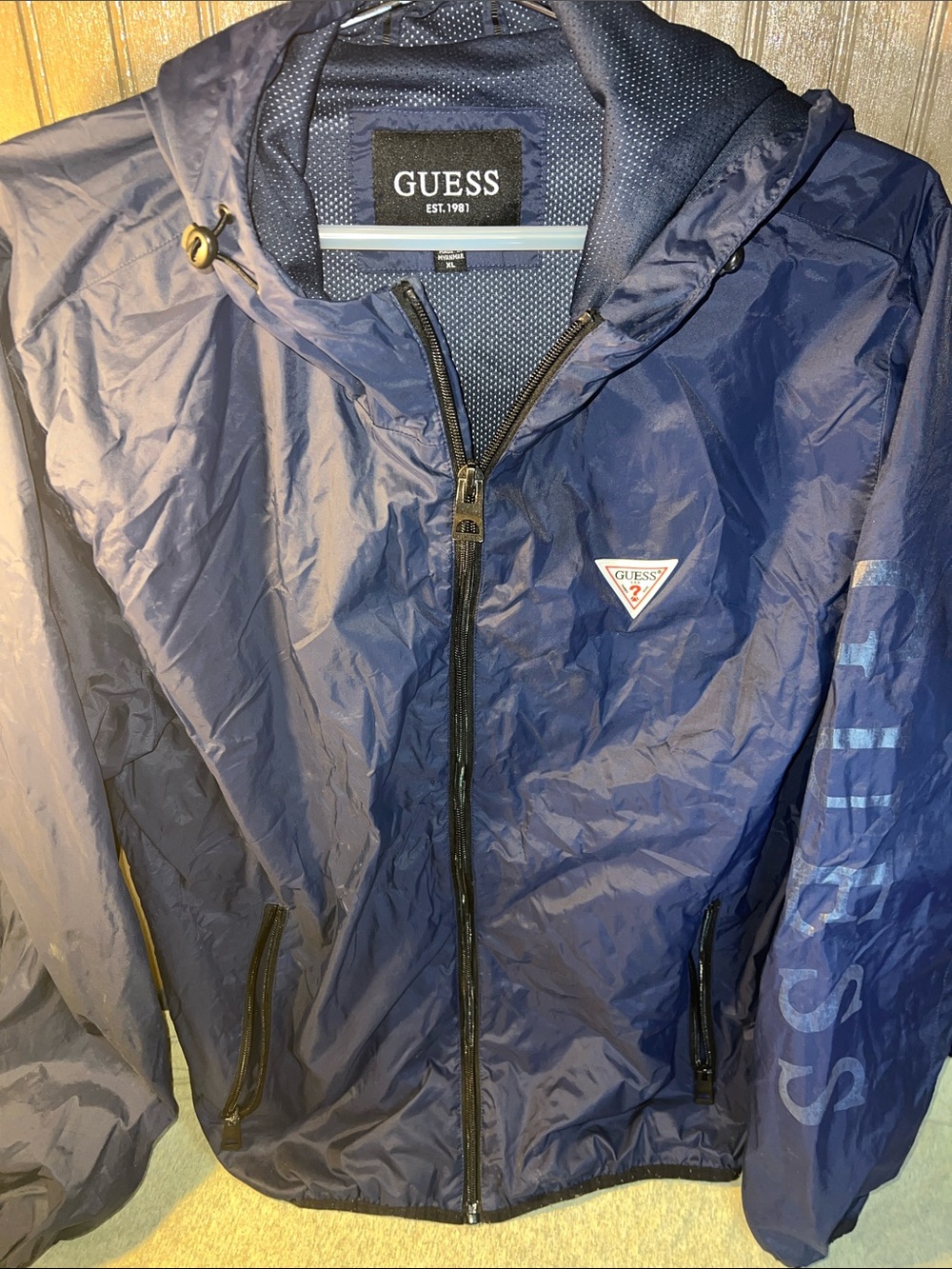 GUESS Navy Blue Hooded Windbreaker with Logo Patch